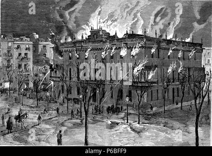 Barcelone. Incendio del Palacio Real En La Noche del 25 al 26 de diciembre de 1876. La gravure de 1876. Banque D'Images