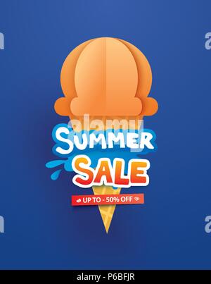 Vente d'été poster avec ice cream cone sur fond bleu. L'art du papier et de l'artisanat traditionnel. Illustration de Vecteur