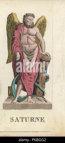 Saturne, dieu romain de la richesse et de l'heure, avec des ailes, TOGA, faux, vigne, et Snake. Coloriée à la gravure sur cuivre gravé par Jacques Louis Lacerf constante après illustrations par Leonard Defraine de 'La Mythologie en Estampes" (dans la mythologie des tirages ou Figures de dieux légendaire), chez P. Blanchard, Paris, c.1820. Banque D'Images