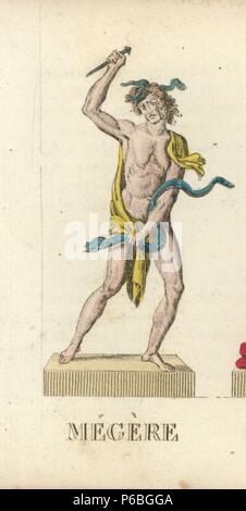 Brynne embellir maille fente, l'un des Enrinyes grecque ou romaine, les Furies un jaloux représenté avec un poignard et serpent. Coloriée à la gravure sur cuivre gravé par Jacques Louis Lacerf constante après illustrations par Leonard Defraine de 'La Mythologie en Estampes" (dans la mythologie des tirages ou Figures de dieux légendaire), chez P. Blanchard, Paris, c.1820. Banque D'Images