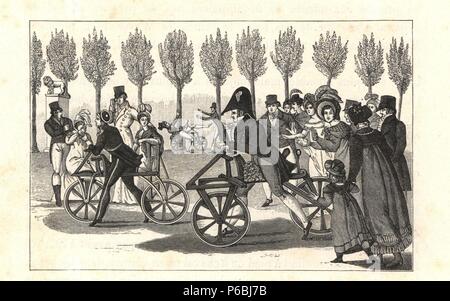 Vélocipède ou hobby-cavaliers dans les jardins du Luxembourg, Paris, vers 1810. Gravure de Paul Lacroix's style directoire, Consulat et Empire,' Paris, 1884. Banque D'Images