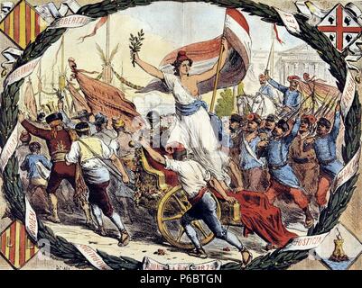 PRIMERA REPUBLICA 1873-1874. ESPAÑA. ALEGORIA ( A LA FRANCESA ) DE LA REPUBLICA ESPAÑOLA , 1873. REVISTA LA FLACA , Barcelone 1873. Banque D'Images