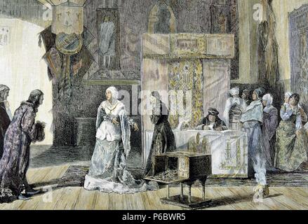 REYES CATOLICOS. FERNANDO II DE ARAGON E ISABEL I DE CASTILLA. ' LA REINA CÉDER SUS JOYAS PARA LA EMPRESA DE COLON '. Gravure COLOREADO DE LA ILUSTRACION ESPAÑOLA Y AMERICANA. REALIZADO POR ANTONIO MUÑOZ DEGRAIN. Banque D'Images