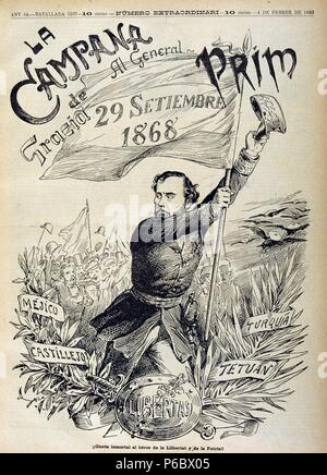 PRIM , JUAN. Y MILITAR ESPAÑOL POLITICO. REUS 1814-1870. PORTADA DEL NUMERO EXTRAORDINARIO EN LA REVISTA SATIRICA ' LA CAMPANA DE GRACIA AÑO 1868 ' , , EN L'HONNEUR DU GÉNÉRAL. Banque D'Images