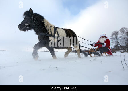 Oberoderwitz, le père Noël fait une promenade en traîneau avec son poney Shetland Banque D'Images