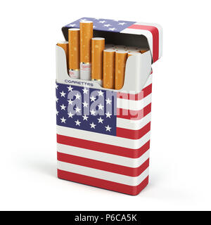 Les cigarettes et le tabac en France. Paquet de cigarettes avec un drapeau d'USA isolé sur fond blanc. 3d illustration Banque D'Images