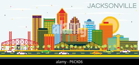 Jacksonville en Floride avec des toits de bâtiments et de couleur bleu ciel. Vector Illustration. Les voyages d'affaires et tourisme Concept avec l'architecture moderne. Illustration de Vecteur