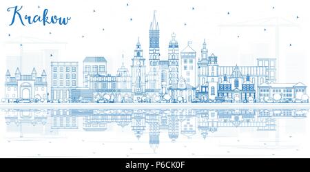 Ville Cracovie Pologne contour bleu avec les bâtiments et réflexions. Vector Illustration. Illustration de Vecteur