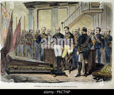 PRIM , JUAN. Y MILITAR ESPAÑOL POLITICO. REUS 1814-1870. ' VISITA DEL REY Amadée I A LA CAPILLA ARDIENTE DEL AÑO 1870 GÉNÉRAL ' ,. Gravure COLOREADO. ILUSTRACION ESPAÑOLA Y AMERICANA. Banque D'Images