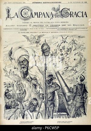 GUERRA DE MELILLA O GUERRA DEL RIF 1890-1909. REGENCIA DE Maria Cristina de Habsburgo. REINADO DE Alfonso XIII. CARICATURA EN LA REVISTA SATIRICA ' LA CAMPANA DE GRACIA ' , BARCELONE AÑO 1893. Banque D'Images