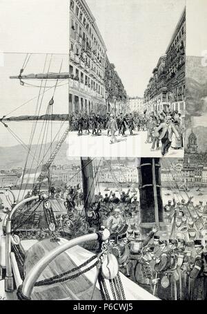 GUERRA DE MELILLA O GUERRA DEL RIF 1890-1909. REGENCIA DE Maria Cristina de Habsburgo. REINADO DE Alfonso XIII. SUCESOS EN MELILLA. ' EMBARQUE DE LAS TROPAS EN MALAGA '. La GRAVURE DE LA ILUSTRACION ESPAÑOLA Y AMERICANA. Banque D'Images