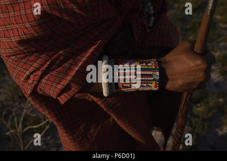L'homme en costume traditionnel massaï debout avec stick