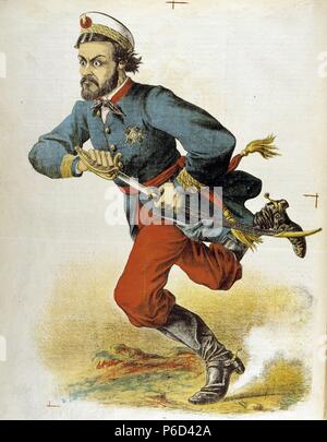 PRIM , JUAN. Y MILITAR ESPAÑOL POLITICO. REUS 1814-1870. CARICATURA DE LA REVISTA ' LA FLACA '. Barcelone 1873. Banque D'Images