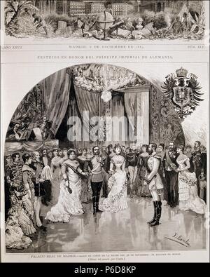 ALFONSO XII. REY DE ESPAÑA. MADRID 1857 - 1885. ' EL PRINCIPE L'IMPERIAL DE ALEMANIA, FEDERICO GUILLERMO , VISITA ESPAÑA. BAILE EN SU L'HONNEUR. CON EL REY , LA Reina Maria Cristina de Habsburgo E ISABEL II '. DIBUJO DE J. COMBA , AÑO 1883. ILUSTRACION ESPAÑOLA Y AMERICANA. Banque D'Images