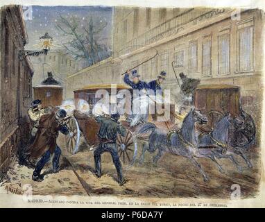 PRIM , JUAN. Y MILITAR ESPAÑOL POLITICO. REUS 1814-1870. ' V12 EN LA CALLE TURCO DE MADRID , AÑO 1870 '. Gravure COLOREADO. ILUSTRACION ESPAÑOLA Y AMERICANA. Banque D'Images