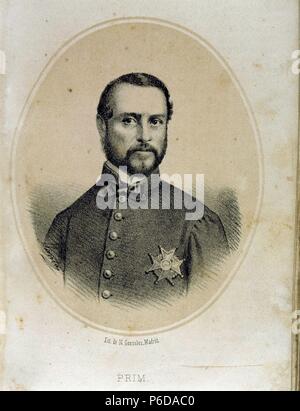 PRIM , JUAN. Y MILITAR ESPAÑOL POLITICO. REUS 1814-1870. Gravure RETRATO. Banque D'Images