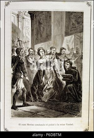 ISABEL II. REINA DE ESPAÑA. La NACE EN MADRID 1830 Y MUERE EN PARIS 1904. SU REINADO VA DESDE 1833 A 1868. V12 CONTRA LA REINA POR EL CURA MERINO. Gravure SOBRE MADERA. Banque D'Images
