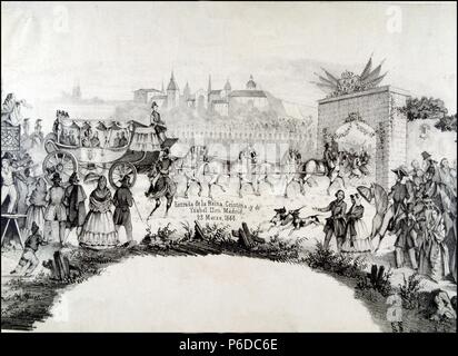 ISABEL II. REINA DE ESPAÑA. La NACE EN MADRID 1830 Y MUERE EN PARIS 1904. SU REINADO VA DESDE 1833 A 1868. ENTRADA EN MADRID , JUNTO A SU MADRE LA REINA MARIA CRISTINA DE BORBON, el 23 de marzo de 1844. La gravure. Banque D'Images