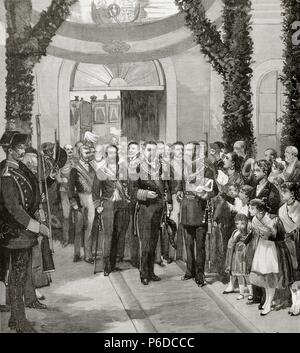 FERROCARRILES. ESPAÑA. INAGURACION DE LA LINEA FERREA MADRID PORTUGAL. EL REY ALFONSO XII JUNTO AL REY PORTUGUES , LUIS I , EN VALENCIA DE ALCANTARA , AÑO 1881. La gravure. ILUSTRACION ESPAÑOLA Y AMERICANA. Banque D'Images