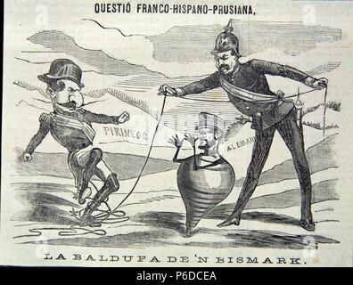 PRIM , JUAN. Y MILITAR ESPAÑOL POLITICO. REUS 1814-1870. CARICATURA EN LA REVISTA SATIRICA ' LA CAMPANA DE GRACIA AÑO 1870 ' , , SOBRE LA CUESTION FRANCO-HISPANO-PRUSIANA : NAPOLÉON III , PRIM Y BISMARCK. Banque D'Images