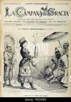 GUERRA DE MELILLA O GUERRA DEL RIF 1890-1909. REGENCIA DE Maria Cristina de Habsburgo. REINADO DE Alfonso XIII. CARICATURA EN LA REVISTA SATIRICA ' LA CAMPANA DE GRACIA ' , AÑO 1893. Banque D'Images