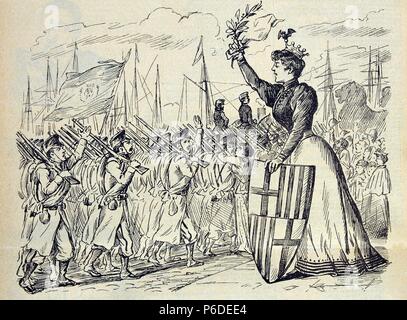 GUERRA DE MELILLA O GUERRA DEL RIF 1890-1909. REGENCIA DE Maria Cristina de Habsburgo. REINADO DE Alfonso XIII. CARICATURA EN LA REVISTA SATIRICA ' LA CAMPANA DE GRACIA ' , BARCELONE AÑO 1893. Banque D'Images