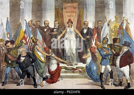 PRIMERA REPUBLICA 1873-1874. ESPAÑA. ALEGORIA SOBRE LA REPUBLICA EN LA REVISTA SATIRICA LA FLACA , Barcelone 1873. CASTELAR , Pi y Margall , FIGUERAS Y SALMERON ESCOLTAN UN LA FIGURA DE LA REPUBLICA. Banque D'Images