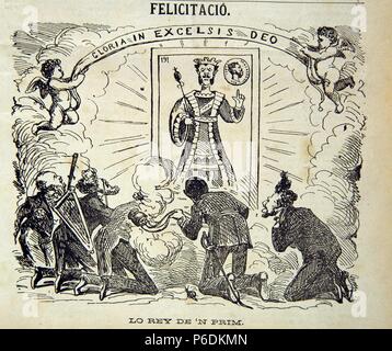 PRIM , JUAN. Y MILITAR ESPAÑOL POLITICO. REUS 1814-1870. CARICATURA EN LA REVISTA SATIRICA ' LA CAMPANA DE GRACIA ' , AÑO 1870 SOBRE EL EXCESO DE PODER DEL GENERAL. Banque D'Images