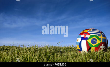 Ballon de soccer avec les pays drapeau de la fédération des groupes d'événements sportifs. Sur le terrain de football réaliste sur fond de ciel bleu. Comprend le Brésil Banque D'Images