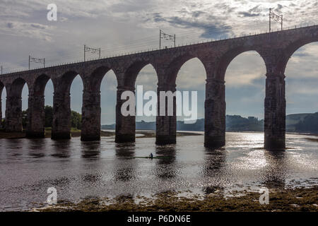 Les kayakistes au coucher du soleil sur la frontière royale pont qui franchit la rivière Tweed à Berwick-upon-Tweed dans le Northumberland, Angleterre du Nord-Est. Banque D'Images