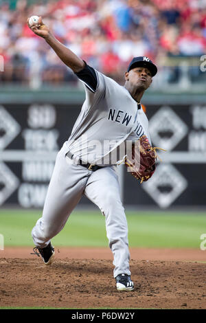 Philadelphie, Pennsylvanie, USA. 26 Juin, 2018. Le lanceur partant des Yankees de New York Luis Severino (40) en action au cours de la MLB match entre les New York Yankees et les Phillies de Philadelphie à la Citizens Bank Park de Philadelphie, Pennsylvanie. Christopher Szagola/CSM/Alamy Live News Banque D'Images