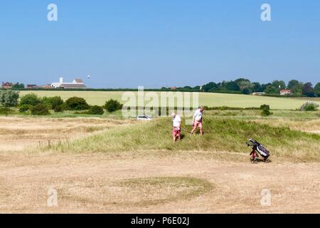 Les golfeurs recherchez une balle perdue par une chaude matinée d'été ensoleillée à Felixstowe Ferry, Suffolk. Banque D'Images