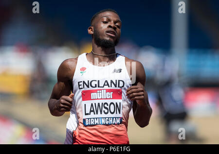 Birminghm, UK, 30 juin 2018. Alexander Stadium, Birmingham, UK. Samedi 30 juin 2018. Championnats d'athlétisme britannique. Lawson confiance gagne le mens 100m chauffe. Credit : UK Sports Agency/Alamy Vivre NewsCredit : UK Sports Agency/Alamy Live News Banque D'Images