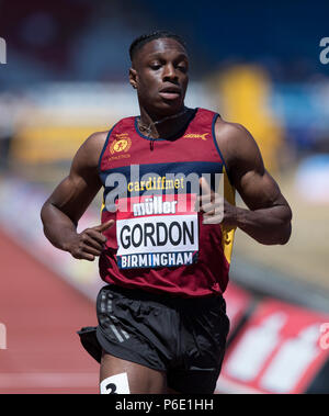 Birminghm, UK, 30 juin 2018. Alexander Stadium, Birmingham, UK. Samedi 30 juin 2018. Championnats d'athlétisme britannique. Sam Gordon gagne le mens 100m chauffe. Credit : UK Sports Agency/Alamy Vivre NewsCredit : UK Sports Agency/Alamy Live News Banque D'Images