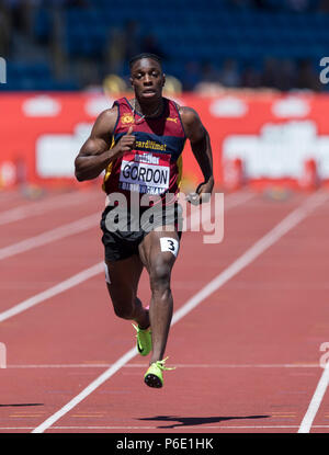 Birminghm, UK, 30 juin 2018. Alexander Stadium, Birmingham, UK. Samedi 30 juin 2018. Championnats d'athlétisme britannique. Sam Gordon gagne le mens 100m chauffe. Credit : UK Sports Agency/Alamy Vivre NewsCredit : UK Sports Agency/Alamy Live News Banque D'Images