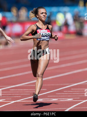 Birminghm, UK, 30 juin 2018. Alexander Stadium, Birmingham, UK. Samedi 30 juin 2018. Championnats d'athlétisme britannique. Ebony Carr gagne le 100m femmes chauffe.Credit : UK Sports Agency/Alamy Live News Banque D'Images