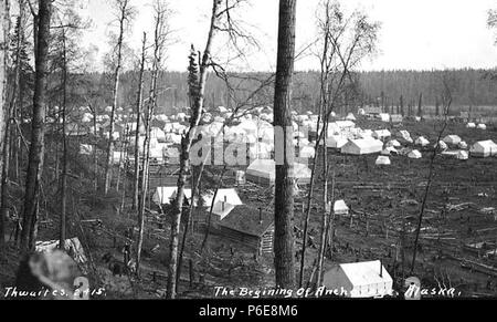 . Anglais : Tentes à Ship Creek, ca. 1916 . Anglais : Légende sur l'image : le début d'Anchorage, Alaska PH Coll 247,472 en 1915, le président Woodrow Wilson a autorisé des fonds pour la construction de l'Alaska Railroad. Ship Creek Landing a été choisi comme siège de cet effort, coordonné par la nouvelle Commission de l'ingénierie de l'Alaska. Une "Ville des Tentes" surgirent dans le désert à l'embouchure du ruisseau de navires, et bientôt a bondi à une population de plus de 2 000. Le 9 juillet 1915, la ville d'Anchorage est tenue d'enchères, et plus de 600 lots dans une grille fixe ont été vendus pour environ 150 000 $. Bien que Banque D'Images