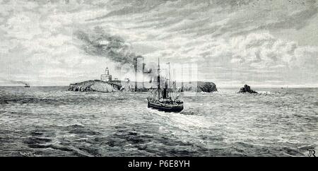 GUERRA DE MELILLA O GUERRA DEL RIF 1890-1909. REGENCIA DE Maria Cristina de Habsburgo. REINADO DE Alfonso XIII. ' VISTA DE LA ISLA DE ''ALBORAN. La GRAVURE DE LA ILUSTRACION ESPAÑOLA Y AMERICANA. Banque D'Images