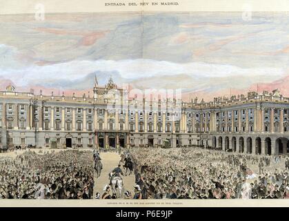 ALFONSO XII. REY DE ESPAÑA. MADRID 1857 - 1885. ENTRADA DEL REY EN EL PALACIO REAL DE MADRID. Gravure COLOREADO. ILUSTRACION ESPAÑOLA Y AMERICANA. Banque D'Images