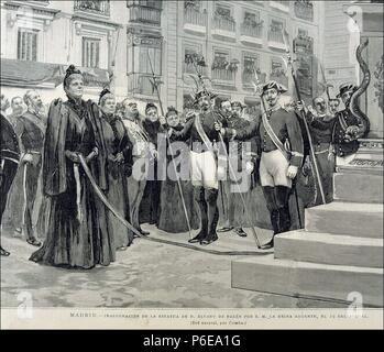 MARIA Cristina de Habsburgo. REINA DE ESPAÑA. 1858 - 1929. CASO SE CON ALFONSO XII EN EL AÑO 1879. «INAGURACION DE LA ESTATUA DE ALVARO DE BAZAN EN MADRID, AÑO 1891 '. La GRAVURE DE LA ILUSTRACION ESPAÑOLA Y AMERICANA. Banque D'Images