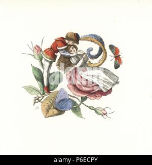 Elf de flirter avec une fée sur une fleur rose. Gravure sur bois coloriée par Edmund Evans après une illustration par Richard Doyle de in Fairyland, une série de photos de l'Elfe Monde, Longman, Londres, 1870. Banque D'Images