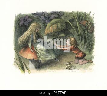 Prince elfe rejeté par une fée sur un champignon. Gravure sur bois coloriée par Edmund Evans après une illustration par Richard Doyle de in Fairyland, une série de photos de l'Elfe Monde, Longman, Londres, 1870. Banque D'Images