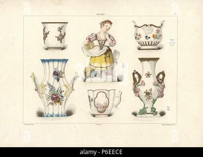 Début de Sevres ware : tasse décorées en relief d'or, figure de la collection de Ch. Stein 1754, Saxe Meissen (imitation), le vase de la collection de l'Alf. Andre, coupe à quatre lobes avec vignette, et petite terrasse vase. Chromolithographie par Gillot d'une illustration par Edouard Garnier de la pâte tendre de la porcelaine de Sèvres, Maison Quantin, Paris, 1891. Banque D'Images