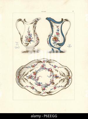 Porcelaine à usage domestique : cruche d'eau et le bol décoré de fleurs sur une base de blanc, et de l'eau pot avec des fleurs sur fond partiel partiel (arrière-plan). Chromolithographie par Gillot d'une illustration par Edouard Garnier de la pâte tendre de la porcelaine de Sèvres, Maison Quantin, Paris, 1891. Banque D'Images