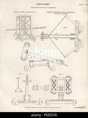 Artillerie : Bélier bélier ou en bois et d'une catapulte utilisée par Lord Heathfield lors du siège de Gibraltar. La gravure sur cuivre par Wilson Lowry d'Abraham Rees' Cyclopedia ou Dictionnaire Universel des Sciences, des arts et de la littérature, Longman, Hurst, Rees, Orme et Brown, Londres, 1820. Banque D'Images