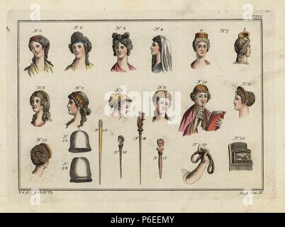 La femme romaine, des coiffures coiffures, voiles, diadèmes, épingles à cheveux et les peigner. Coloriée à la gravure sur cuivre de Robert von Spalart's 'tableau Historique des costumes des principaux peuples de l'Antiquité et du Moyen Âge,' Chez Collignon, Metz, 1810. Banque D'Images