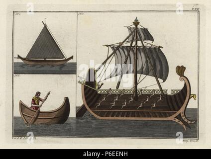 Bateau égyptien (1), transports bateau phénicien (2), et la section du navire phénicien montrant galley slaves l'aviron (3). Coloriée à la gravure sur cuivre de Robert von Spalart's 'tableau Historique des costumes des principaux peuples de l'Antiquité et du Moyen Âge, Metz, 1810'. Banque D'Images