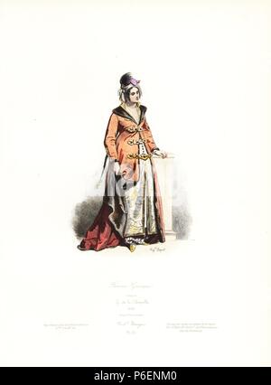 Femme grecque, 17e siècle, Georges de la chapelle. Gravure coloriée par Hippolyte Pauquet de l'Pauquet Frères' 'Modes et Costumes Etrangers Anciens et Modernes' (Affaires Fashions et costumes) Anciennes et modernes, Paris, 1865. Hippolyte (b. 1797) et Polydor Pauquet (b. 1799) a dirigé une maison d'édition réussie à Paris dans le 19e siècle, spécialisé dans les livres illustrés sur le costume, oiseaux, papillons, l'anatomie et l'histoire naturelle. Banque D'Images