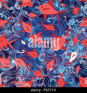 Seamless pattern lumineux de poisson rouge sur fond bleu Illustration de Vecteur