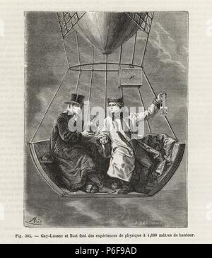 Louis Joseph Gay-Lussac et Jean-Baptiste Biot effectuant des expériences de physique dans un ballon à 4 000 mètres d'altitude, 1804. La gravure sur bois par E. Deschamps après mes de Louis Figuier's 'Les merveilles de la science : Des aérostats (merveilles de la science : les montgolfières), Furne, Jouvet et Cie, Paris, 1868. Banque D'Images